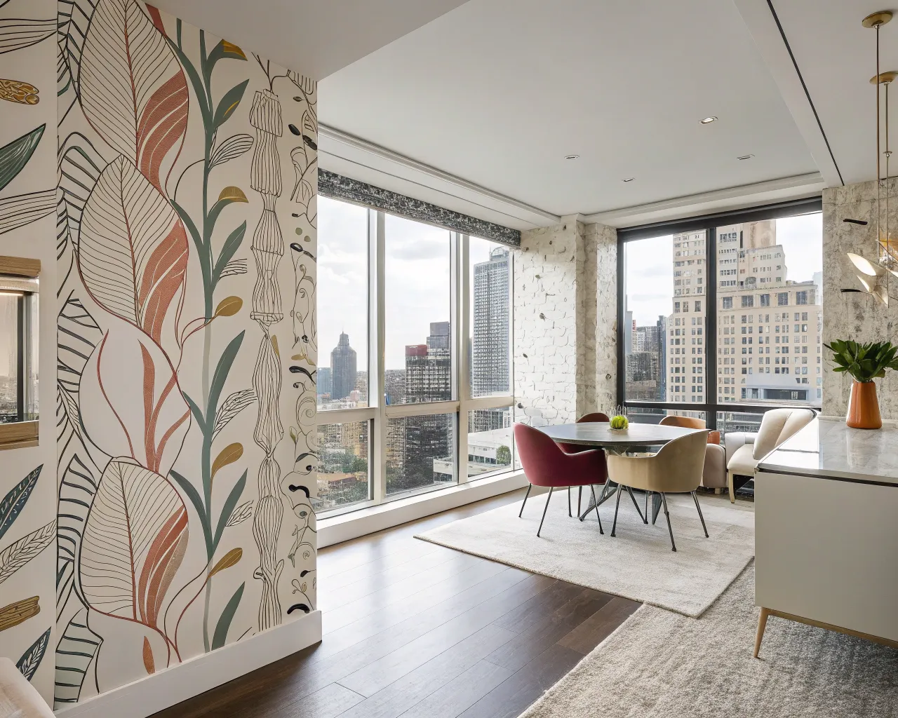 A warm and inviting living space featuring textured grasscloth wallpaper.