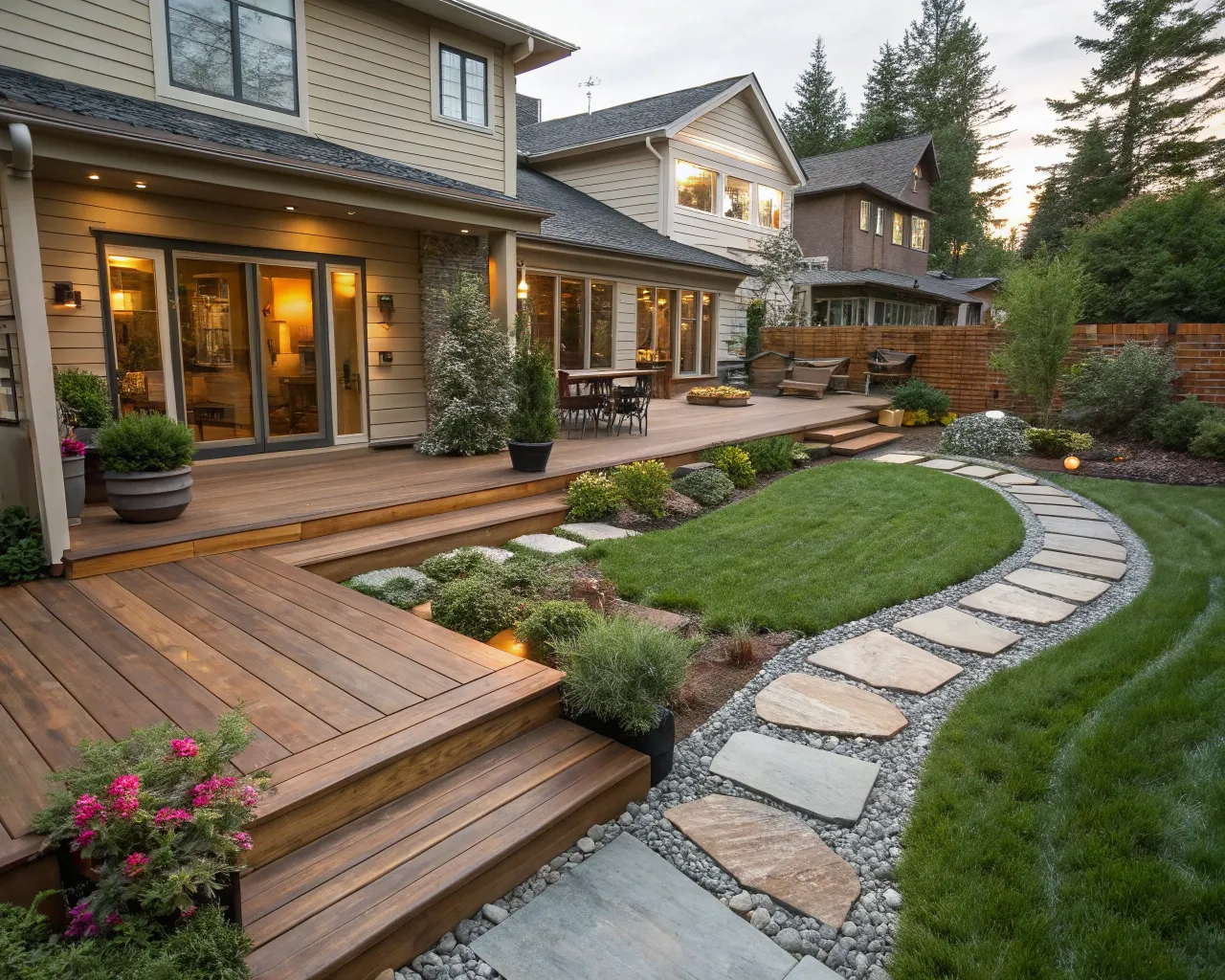 Integrating multiple surface types creates a versatile and visually appealing outdoor living space.