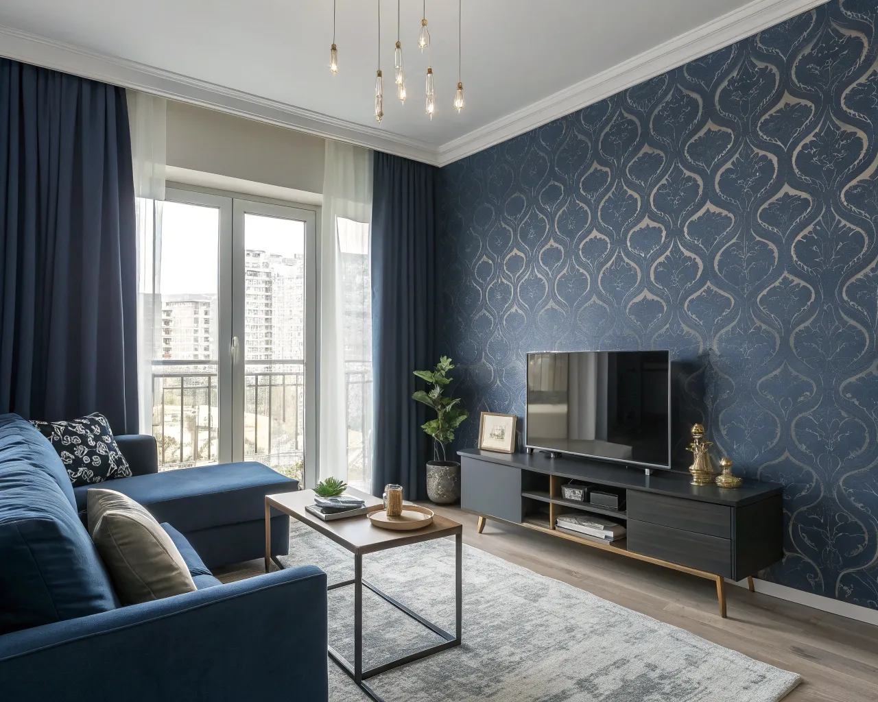 Sophisticated and comfortable space featuring moody, deep-toned wallpaper.