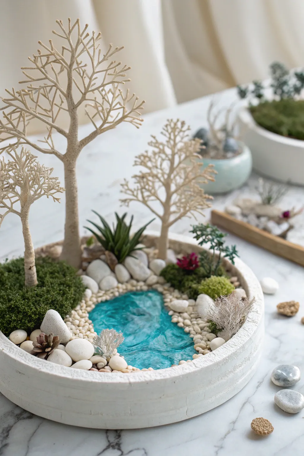 Discover tranquility in miniature form with this handcrafted clay garden diorama, a perfect blend of simplicity and natural beauty.