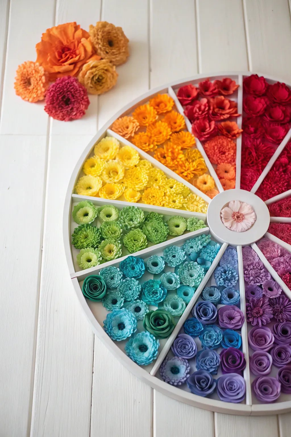 Bring the colors of nature indoors with this stunning paper flower color wheel, a perfect blend of Scandinavian minimalism and Bohemian elegance.
