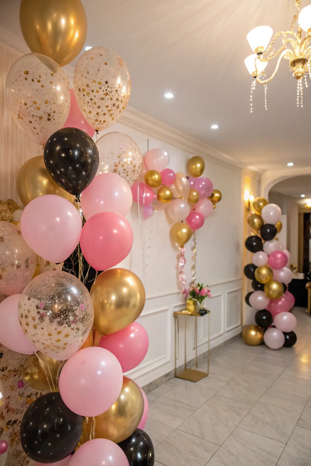 A festive room adorned with vibrant balloons.