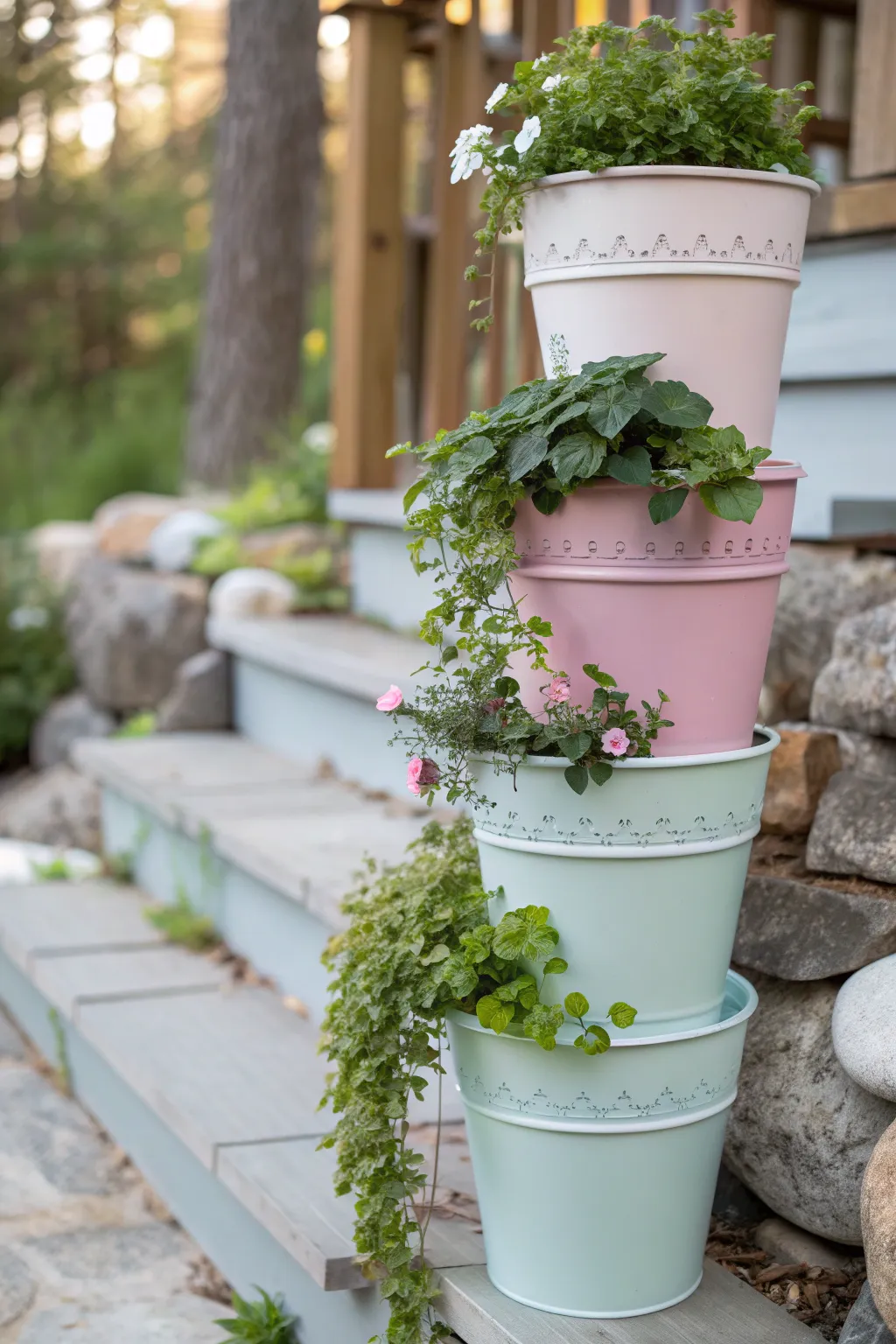 Elevate your garden space with a chic vertical garden tower using 5-gallon buckets—an elegant blend of simplicity and natural beauty.