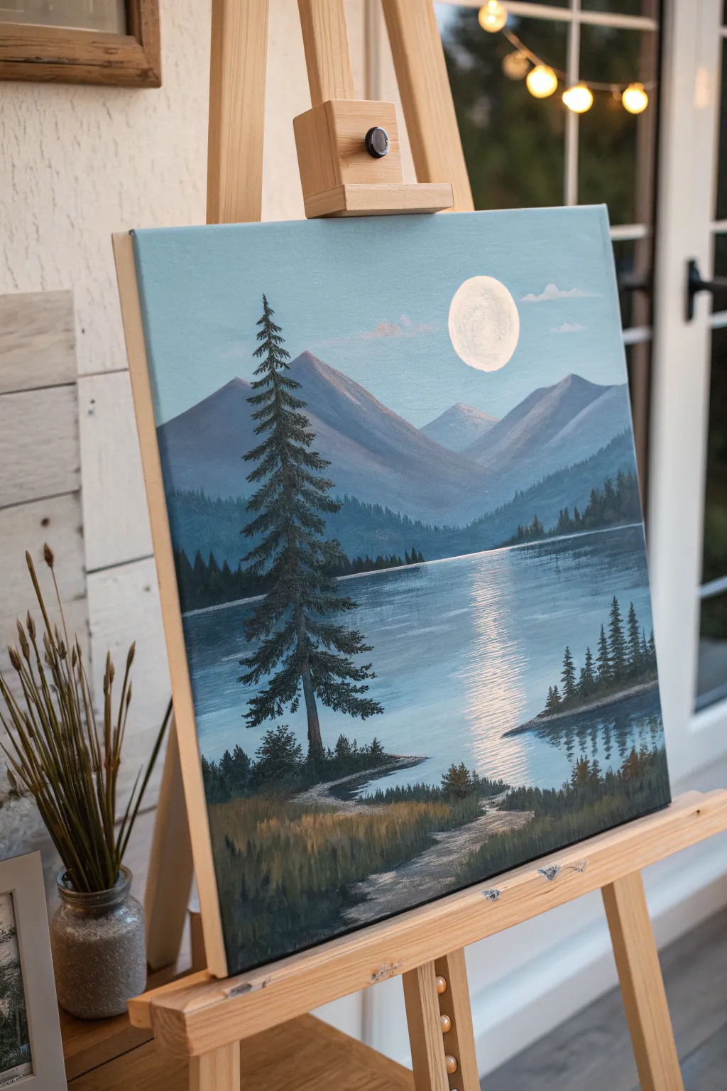 Capture tranquility with this minimalist mountain lake painting, where moonlight dances on water.