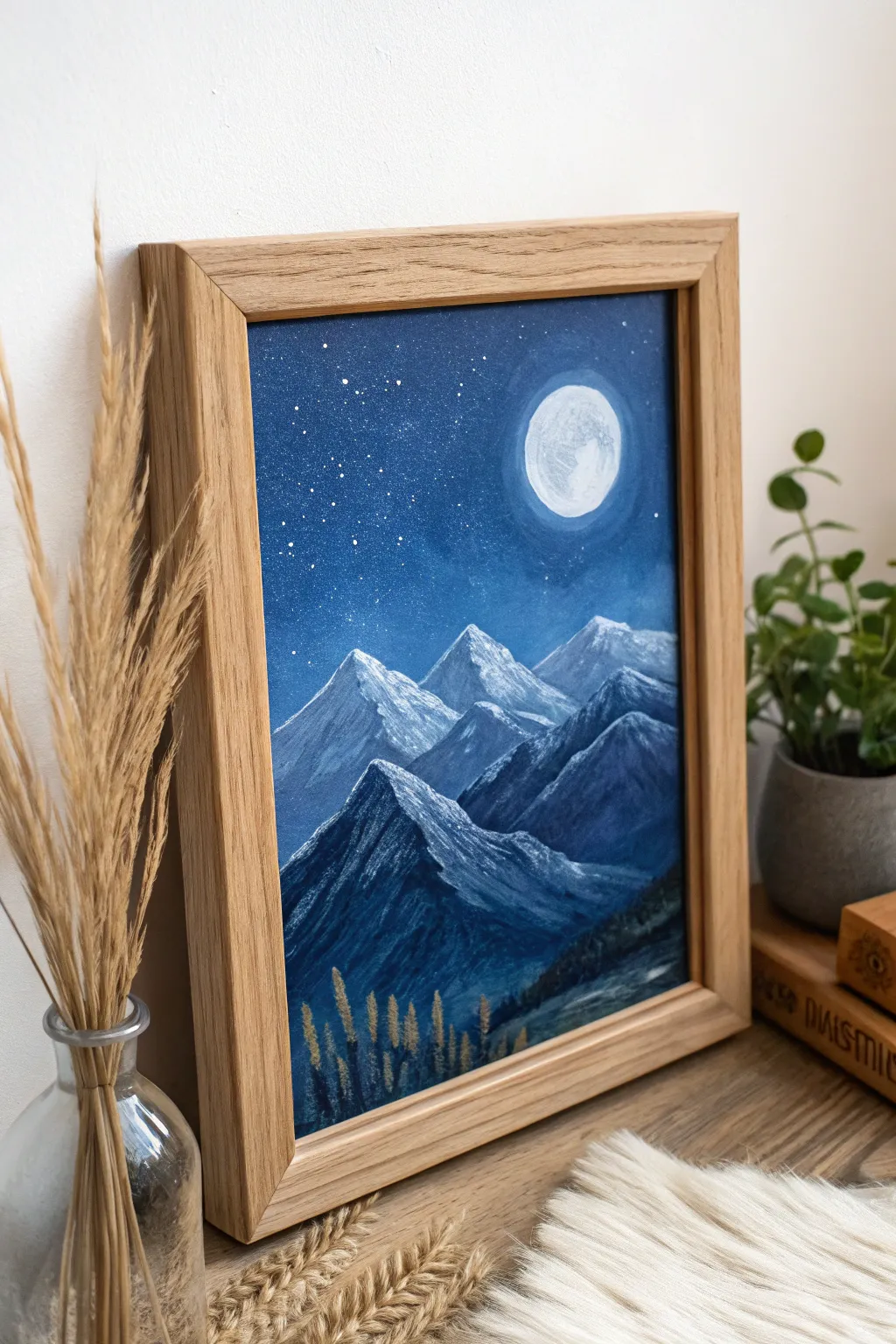Embrace tranquility with a moonlit mountain masterpiece, where art meets serene elegance.