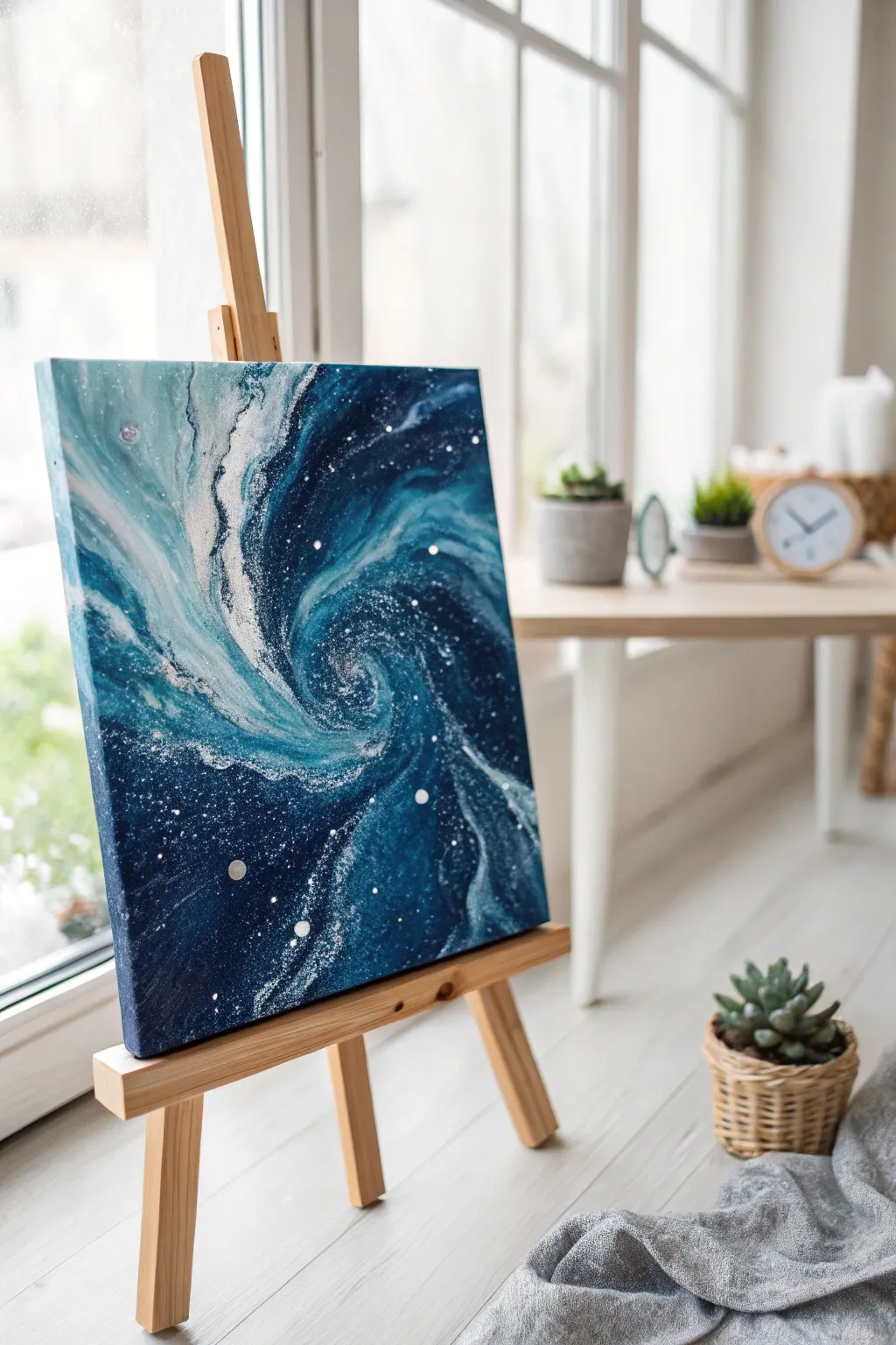 Dive into the cosmos with a stunning galaxy pour painting—a perfect blend of artistry and minimalism.