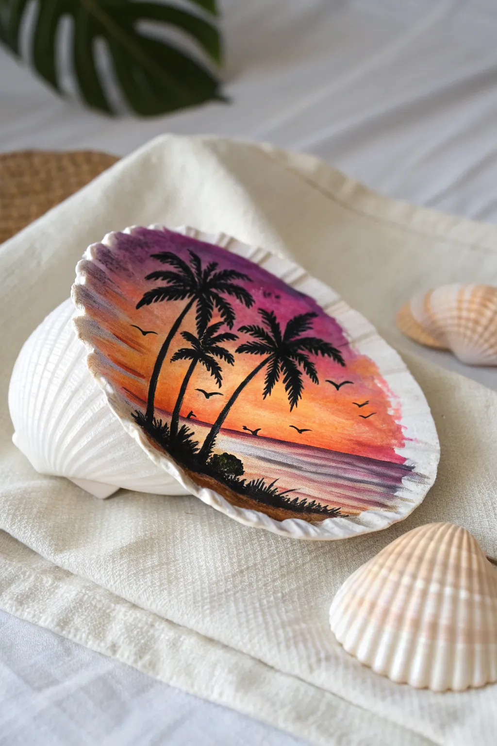 Capture a piece of paradise with a sunset beach scene on a seashell, where craftsmanship meets natural beauty.
