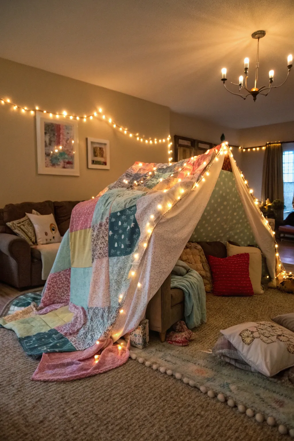 An inviting blanket fort sets the stage for comfort and nostalgia.