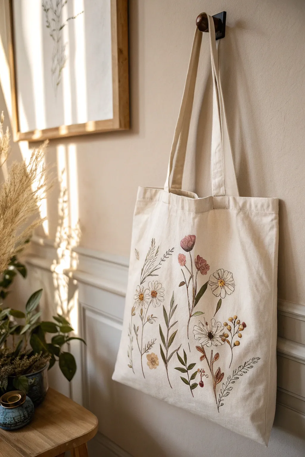 Elevate your market trips with a handcrafted floral stencil tote—where simplicity meets artistry.