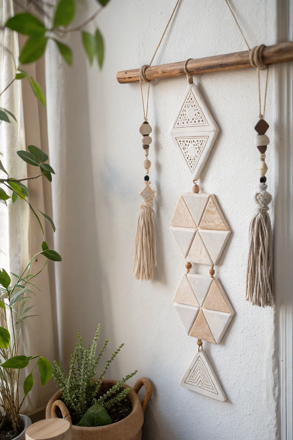 Elevate your space with geometric elegance: a handcrafted clay wall hanging that merges minimalist design with bohemian warmth.