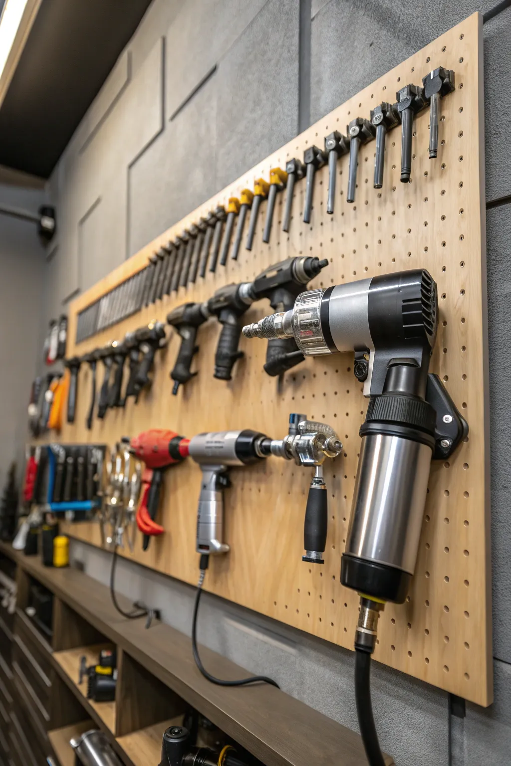 Transform your workspace into a masterpiece of organization with wall-mounted racks for your air tools.