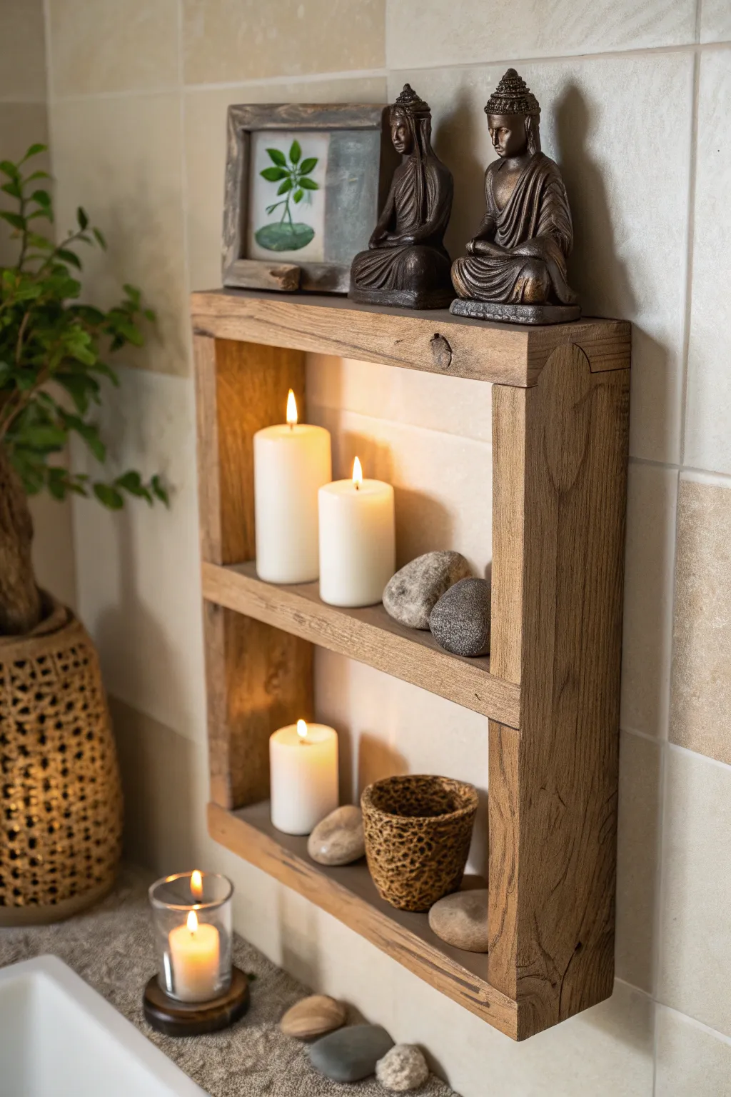 A compact shelf altar maximizes vertical space while creating a focal point.
