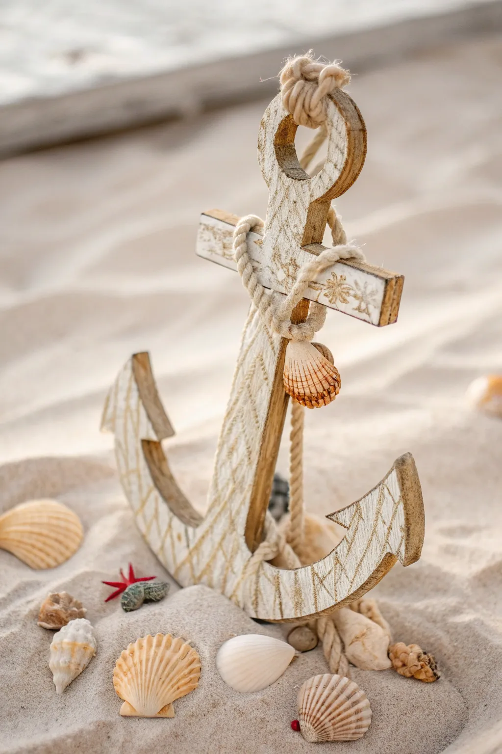 Embrace coastal charm with a seashell-adorned wooden anchor for your minimalist decor.
