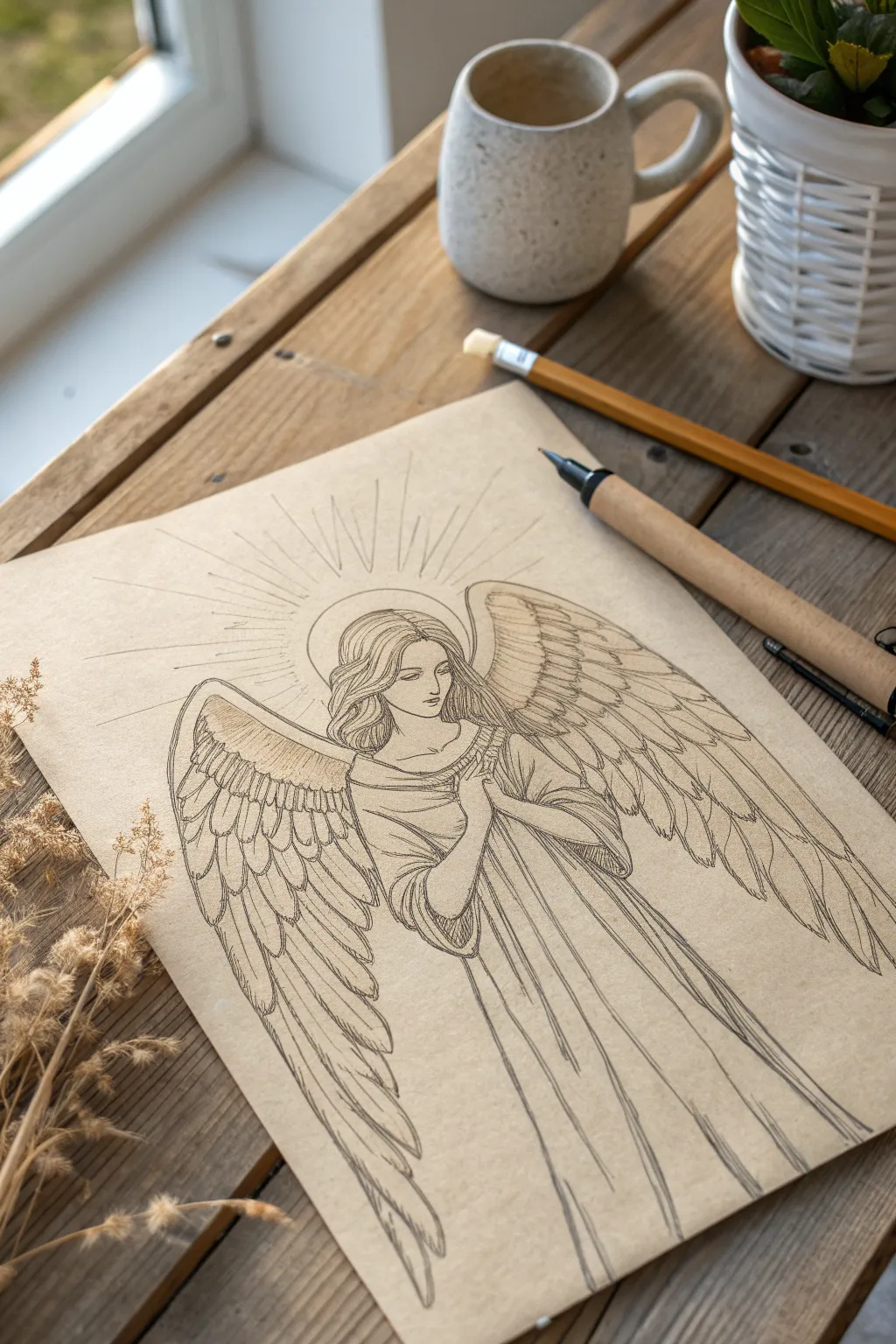 Embrace tranquility with a serene angelic sketch, where simplicity meets elegance.