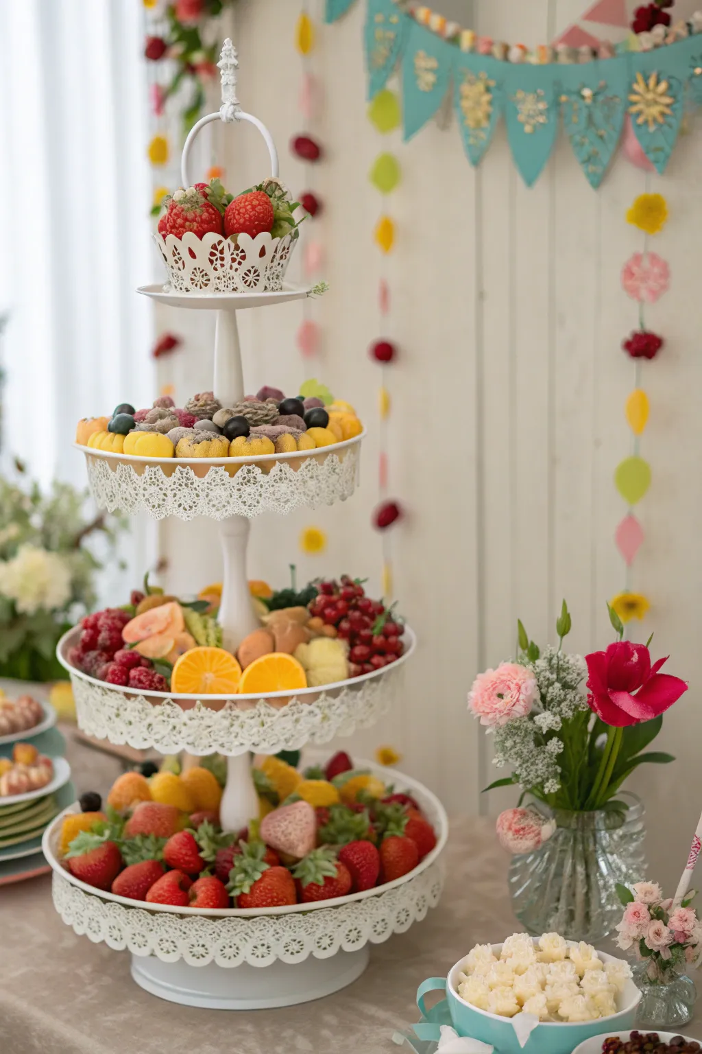 A beautiful tiered arrangement of sweets and fruits for Annakut.
