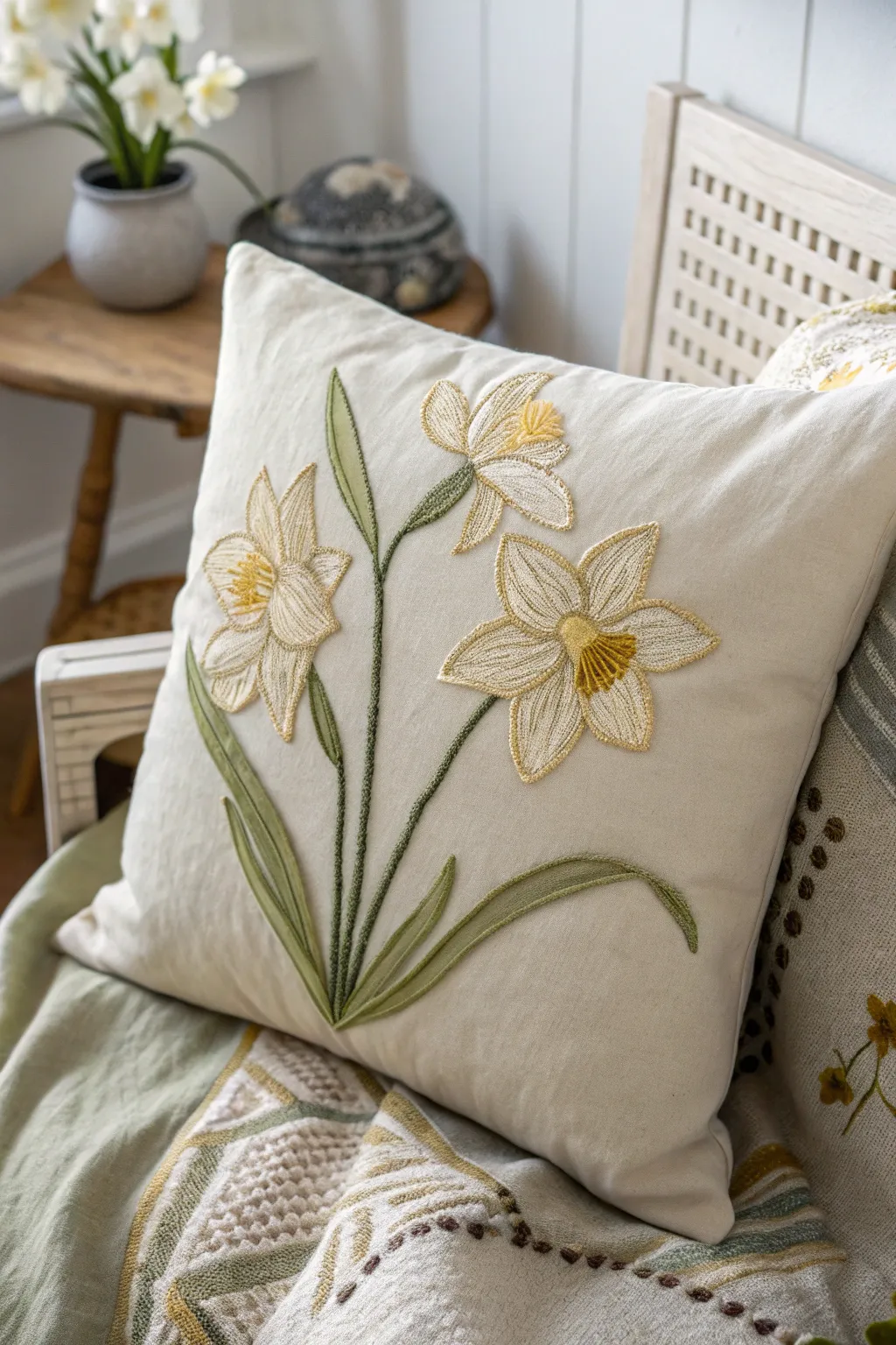 Embrace spring's charm with this exquisite daffodil applique, adding a touch of warmth and elegance to your cozy space.