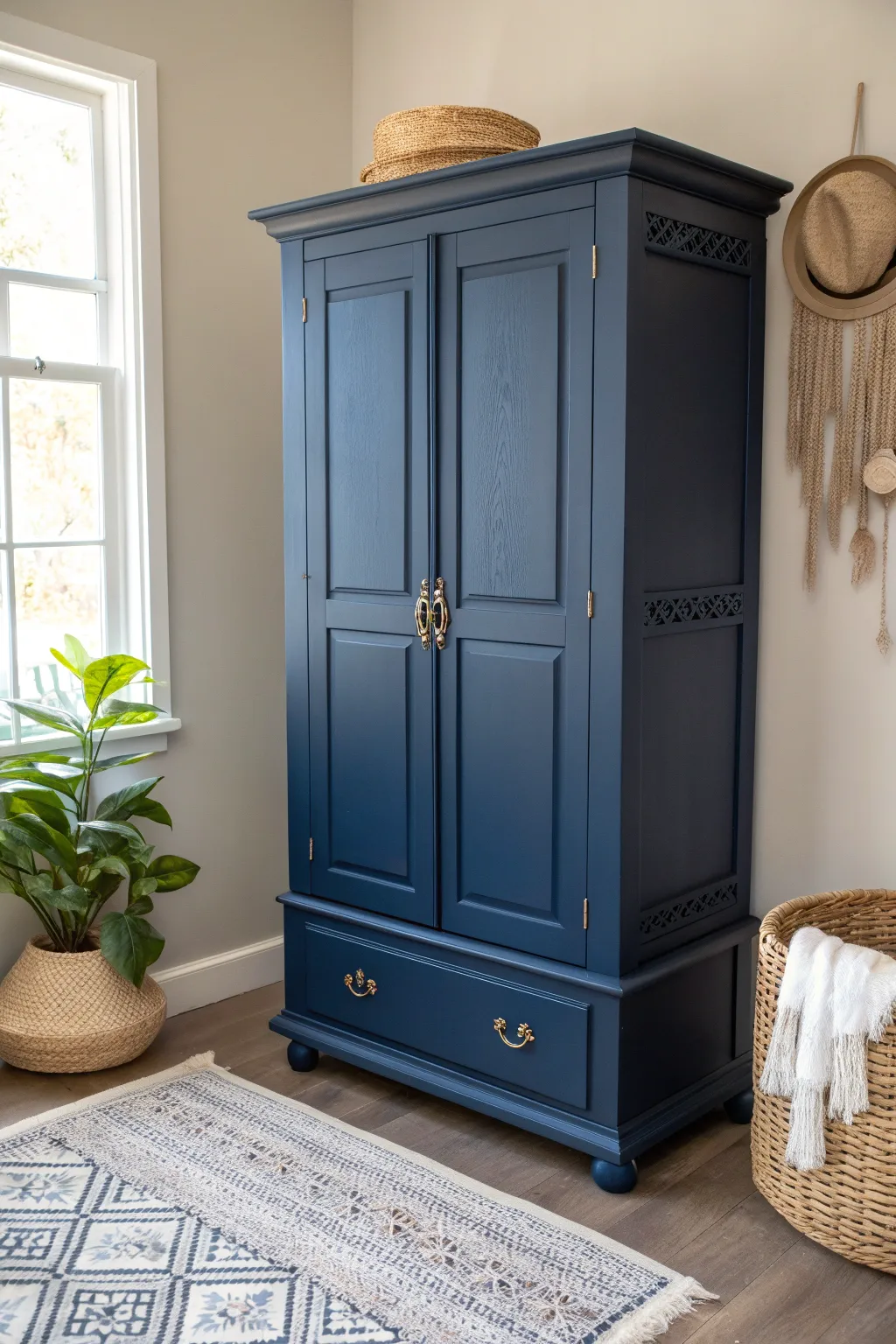 Transform your space with a bold navy armoire that merges minimalist elegance with a touch of bohemian charm.