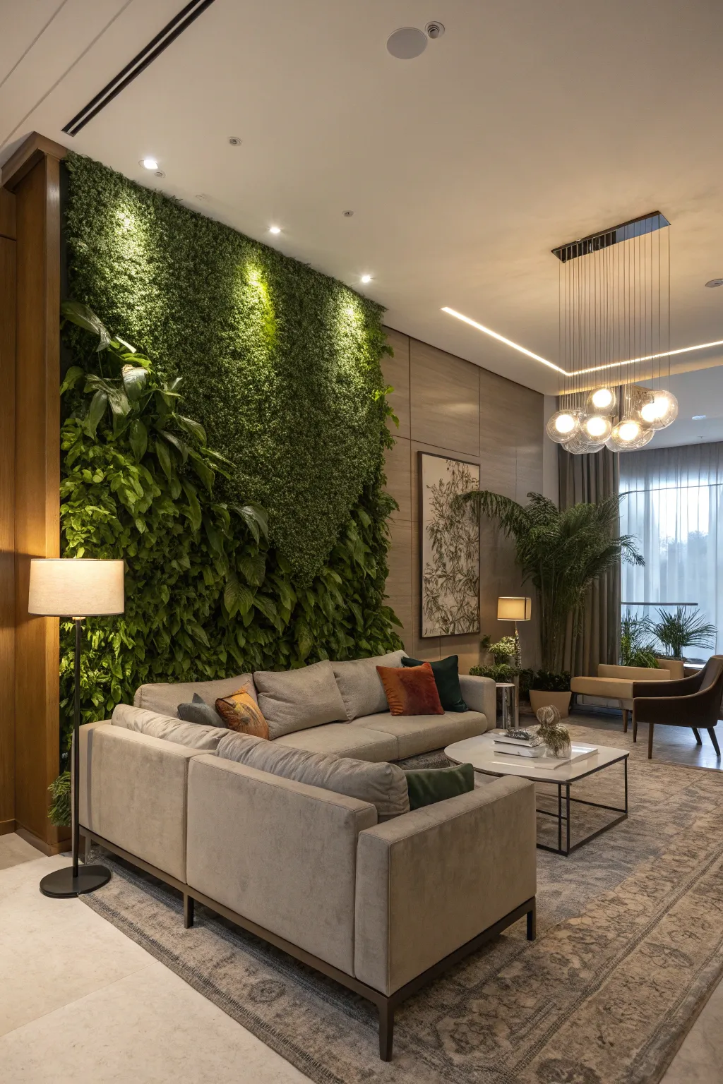 A living room enhanced by the elegance of an artificial plant wall.