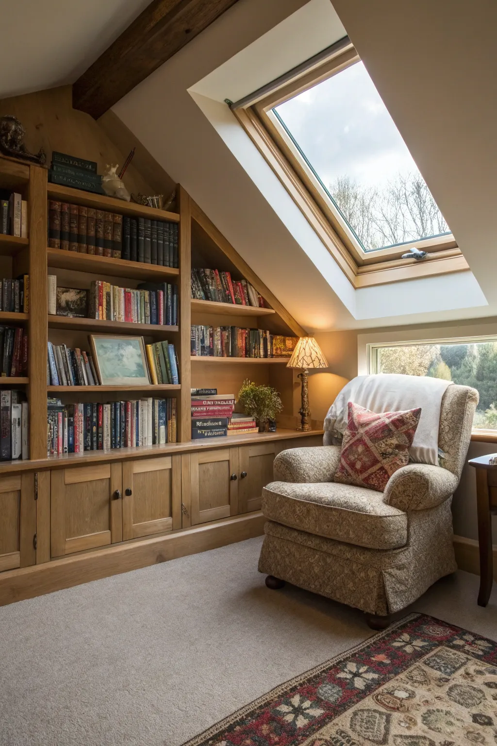 An attic transformed into a cozy reading nook with bookshelves and natural light.