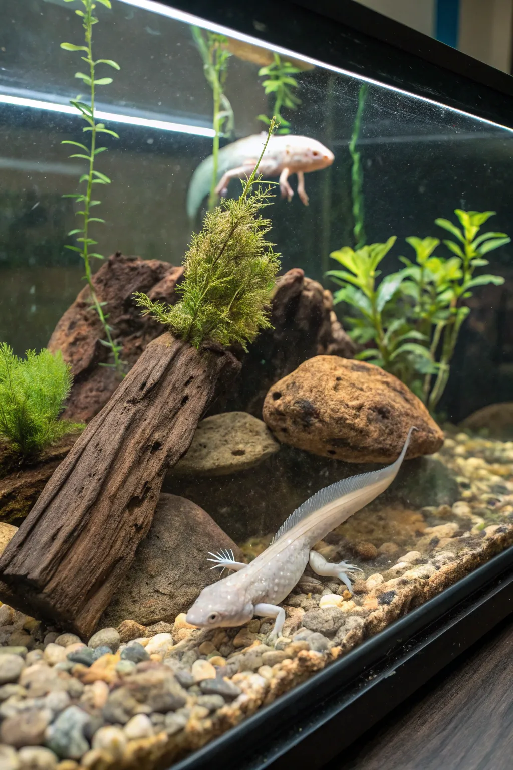 Driftwood creates a serene, natural environment for your axolotls.