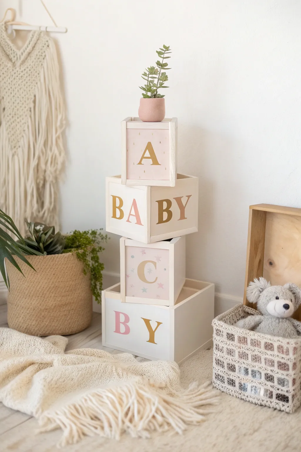 Spell joy with charming 'BABY' letter boxes, adding a personal touch to your baby shower decor.