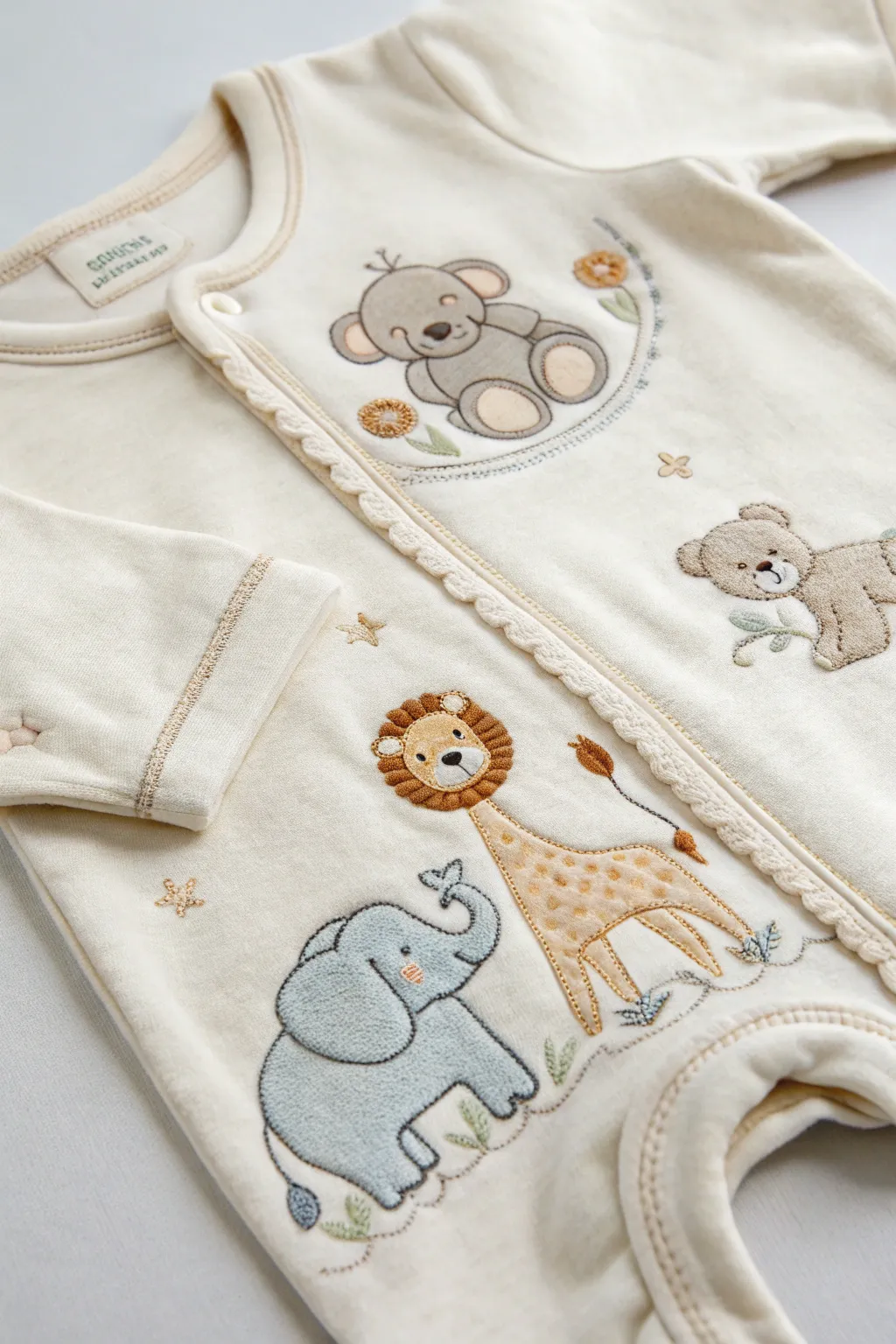 Embrace the charm of a whimsical animal kingdom with this delicately embroidered baby onesie, perfect for adding playful elegance to your little one's wardrobe.