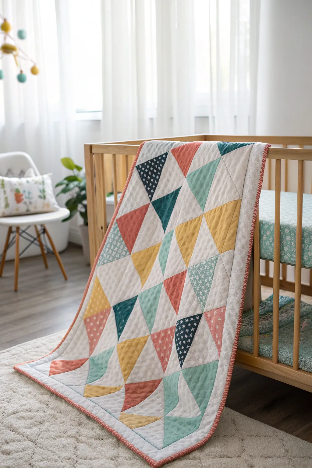 Elevate your nursery with a modern twist on tradition: vibrant geometric quilt patterns that grow with your little one.