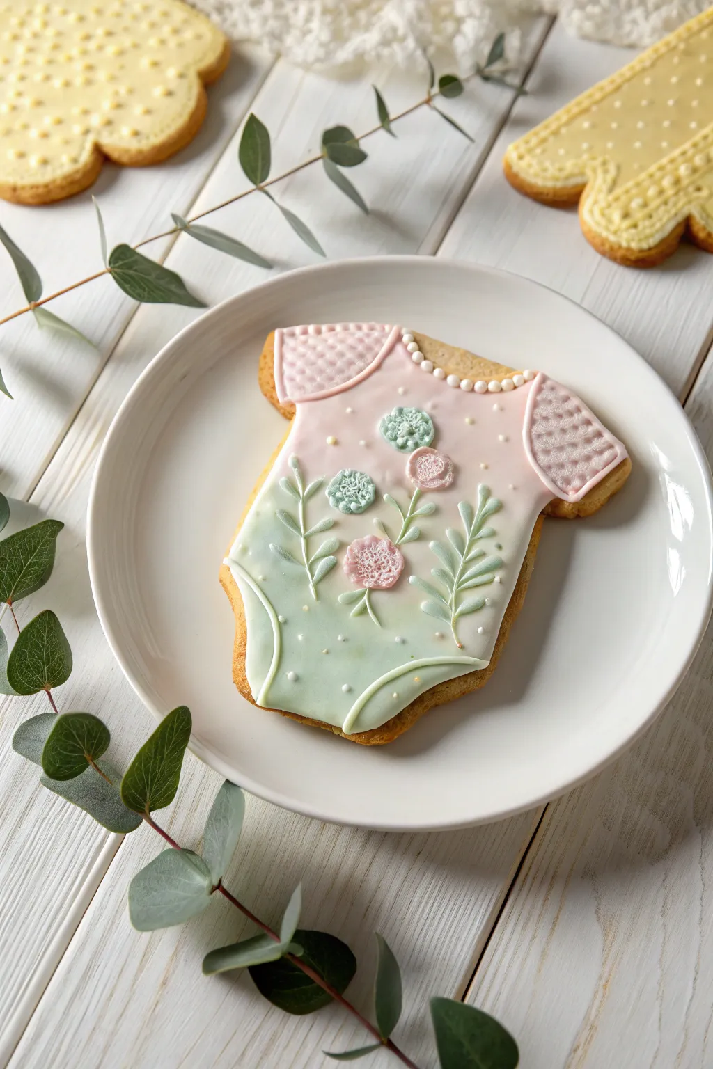 Delight in the simplicity and charm of Scandinavian-inspired onesie cookies, perfect for a stylish baby shower.