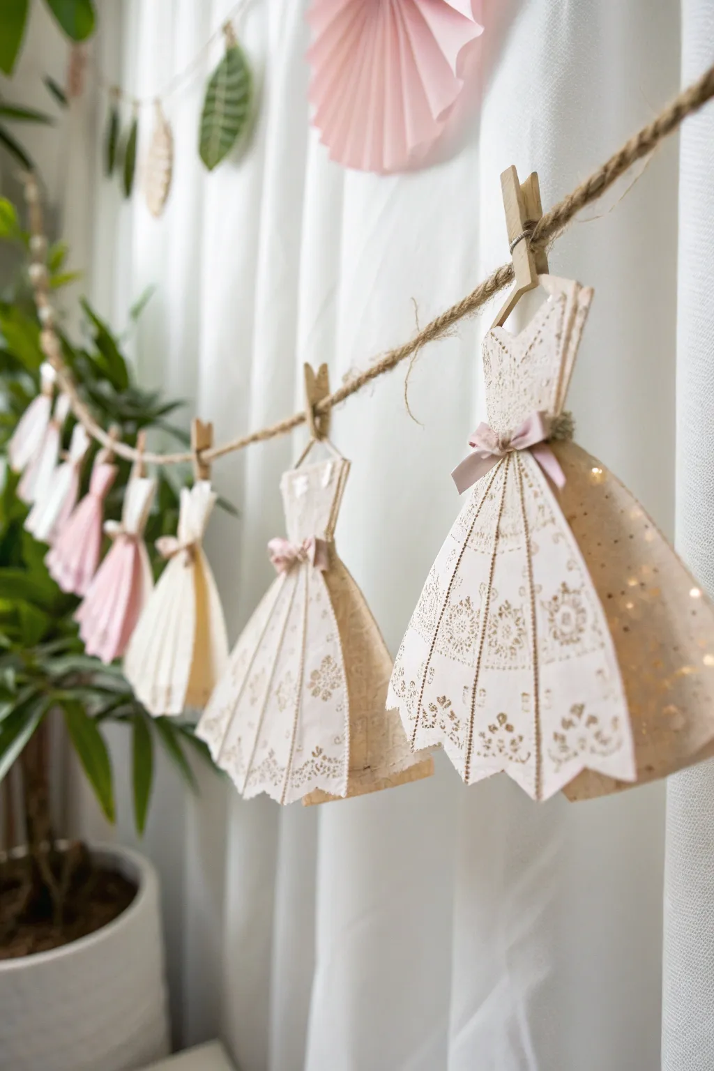 Add a whimsical touch to your baby shower with enchanting paper dress garlands. Simple, elegant, and handmade with love.