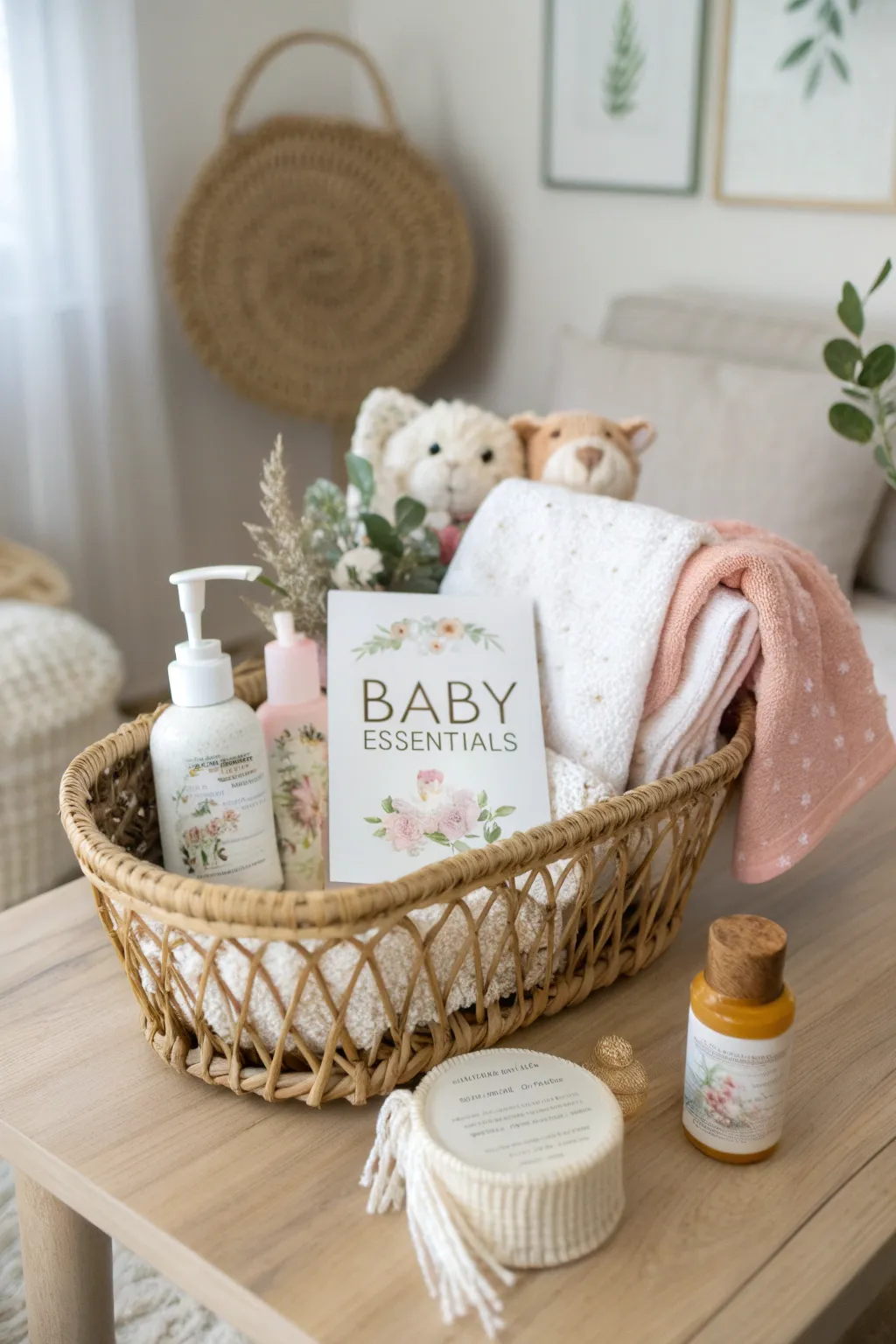 Charming Gift Baskets: A thoughtful blend of softness, simplicity, and natural beauty for a perfect baby shower gift.