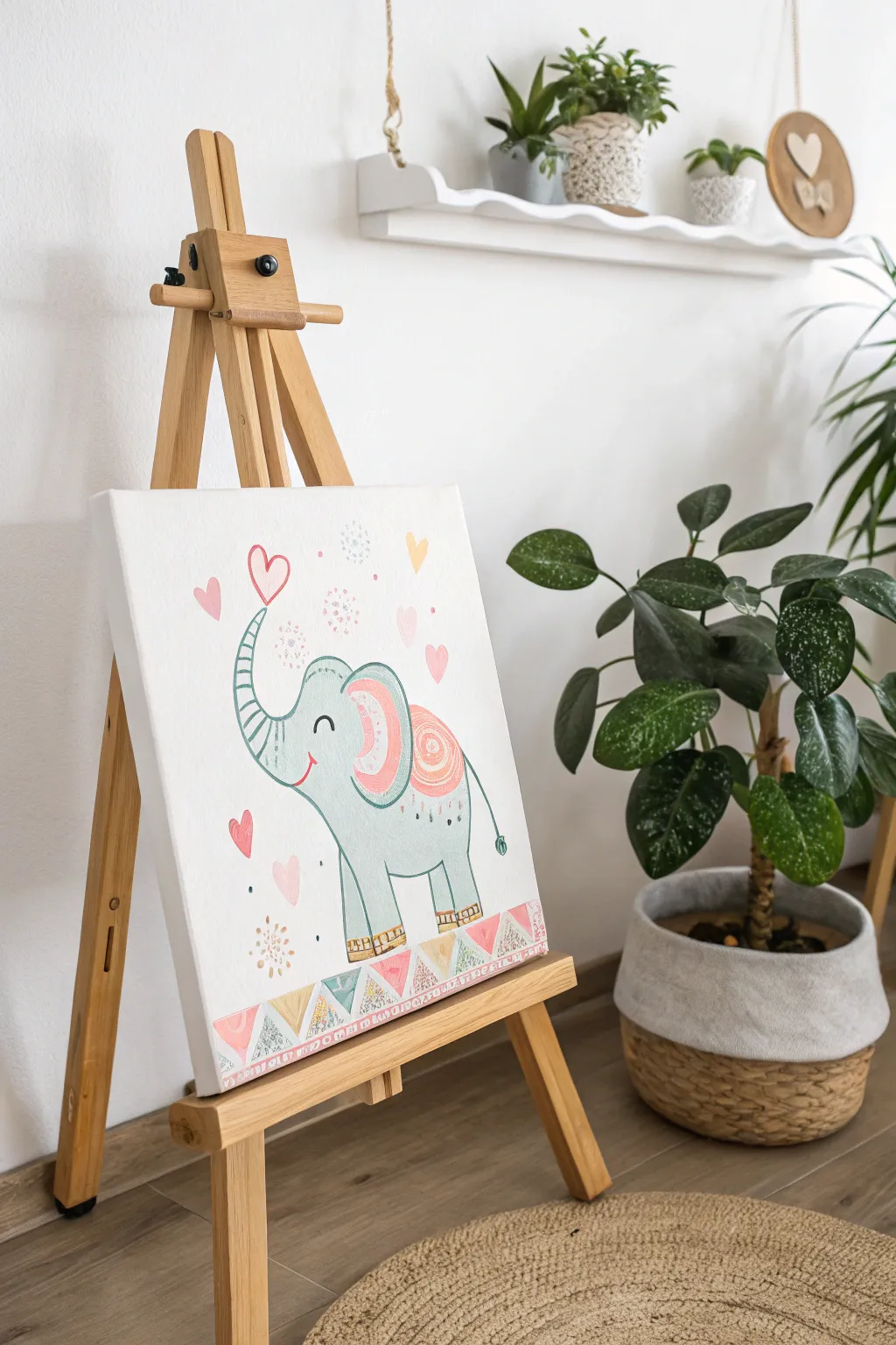 Add a touch of whimsy with this charming elephant painting, perfect for a cozy and stylish nursery.