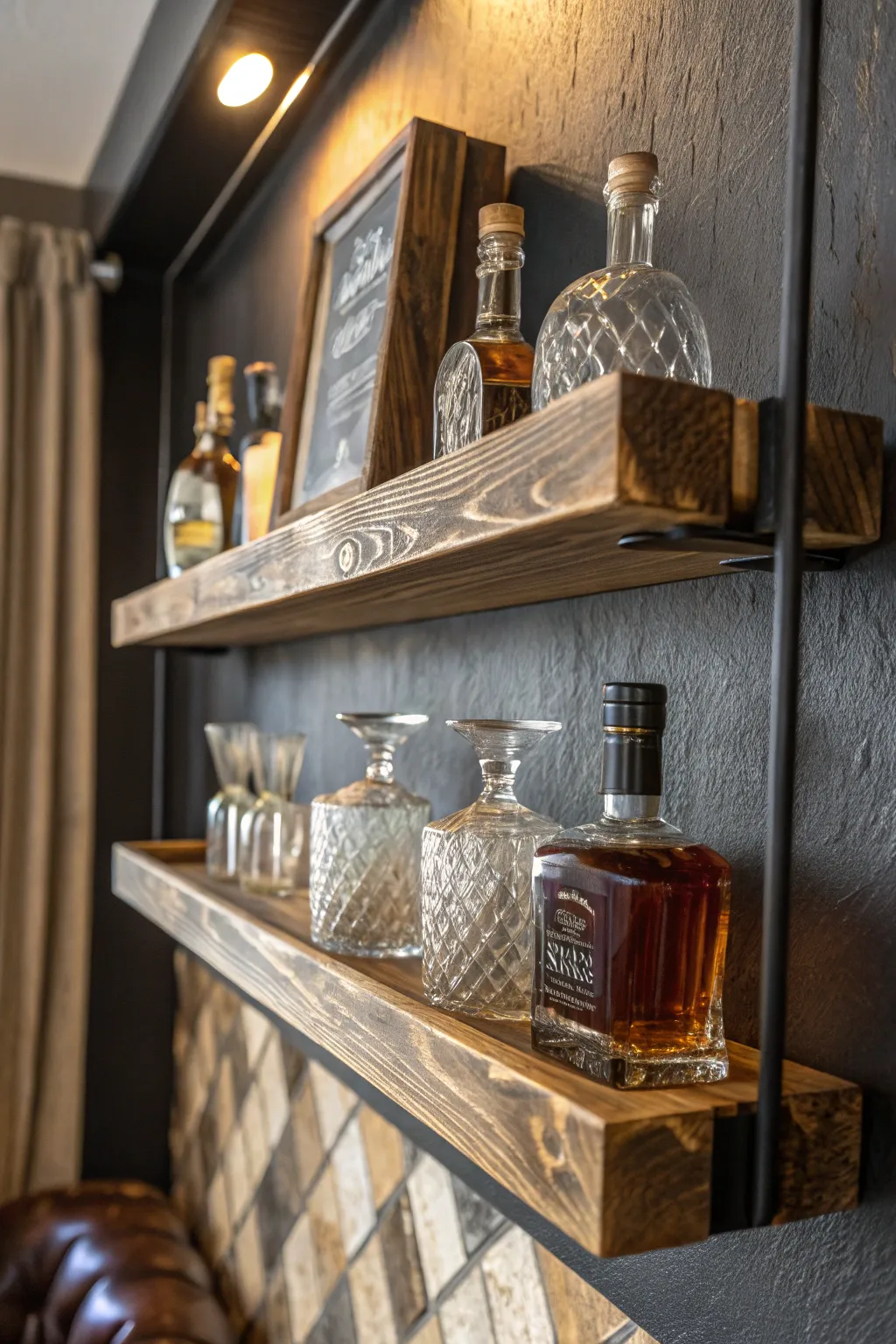 Elevate your bar space with rustic charm and elegant displays.