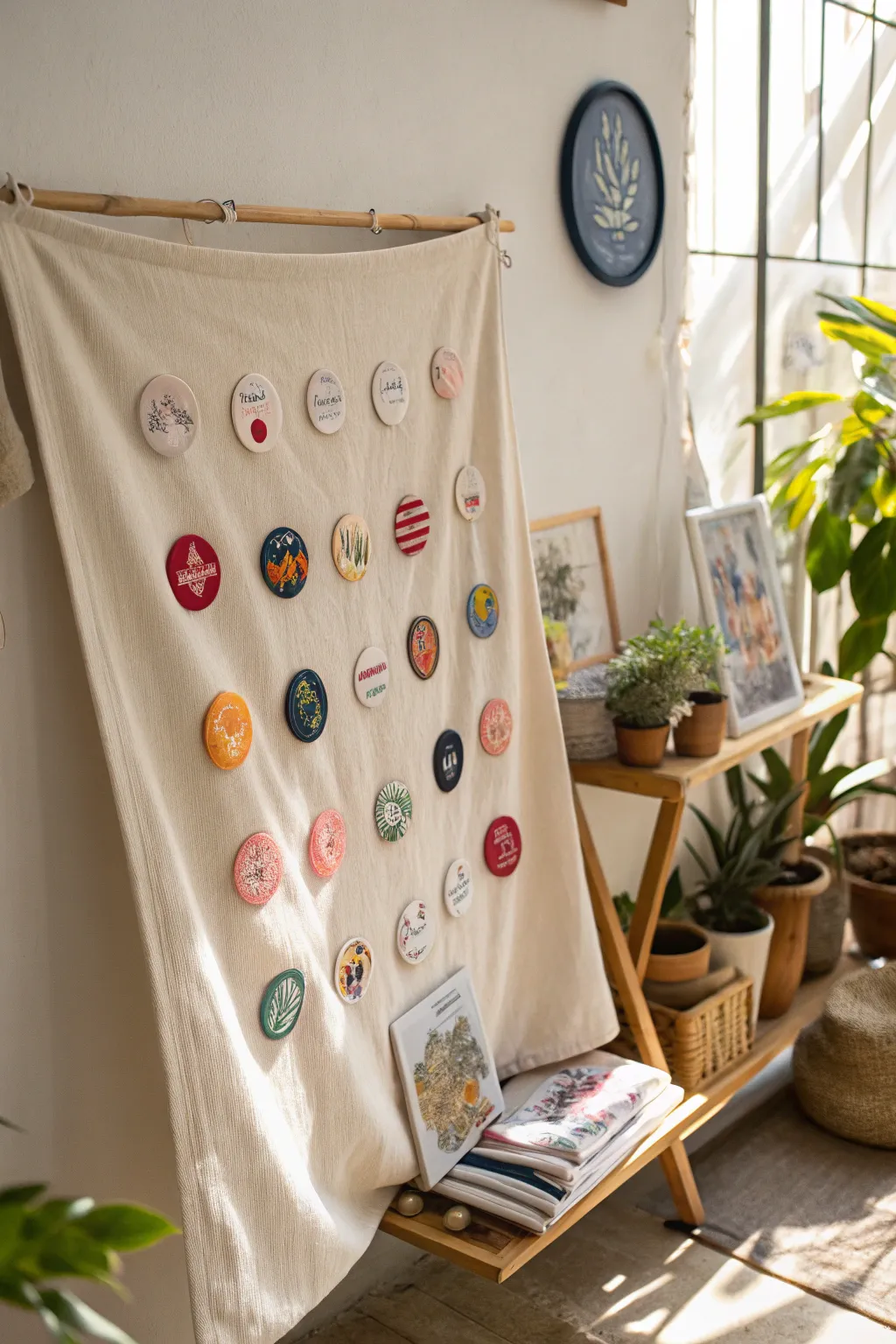 Craft your own cozy badge display with a chic fabric board—perfect for adding a personal touch to any minimalist space.