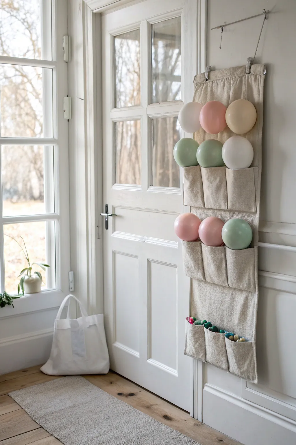 Transform your space with this chic balloon storage idea—perfect for adding a pop of color while maintaining a serene, minimalist aesthetic.