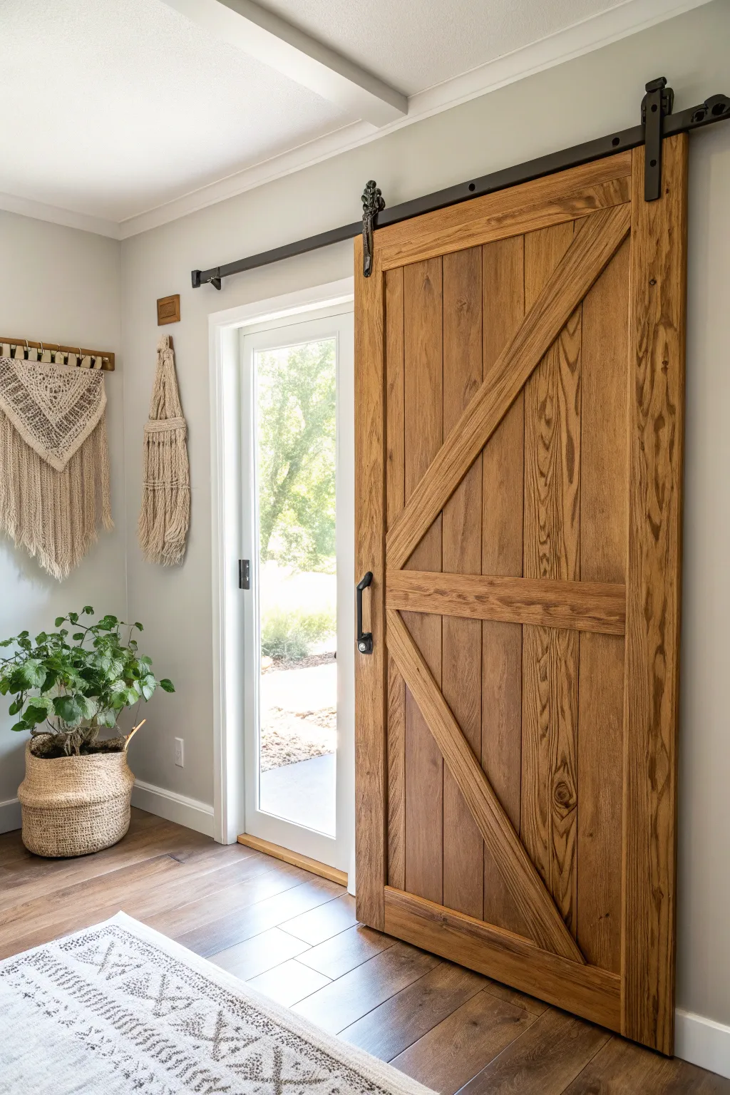 Embrace warmth and elegance with a Golden Pecan-stained barn door, perfect for a cozy, minimalist space.
