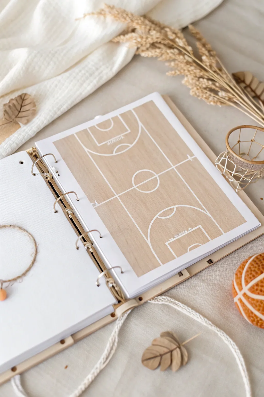 Elevate your sports memories with a minimalist basketball-themed scrapbook page, where Scandinavian simplicity meets Boho charm.