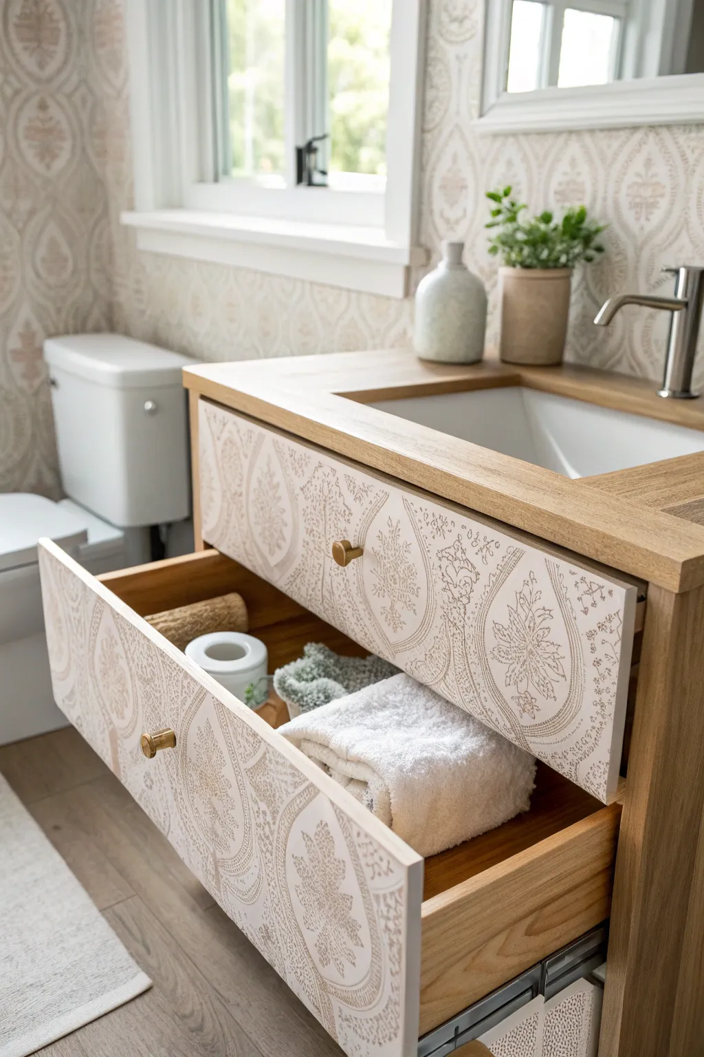 Transform your bathroom with charming pre-pasted wallpaper drawer liners for a touch of elegance.