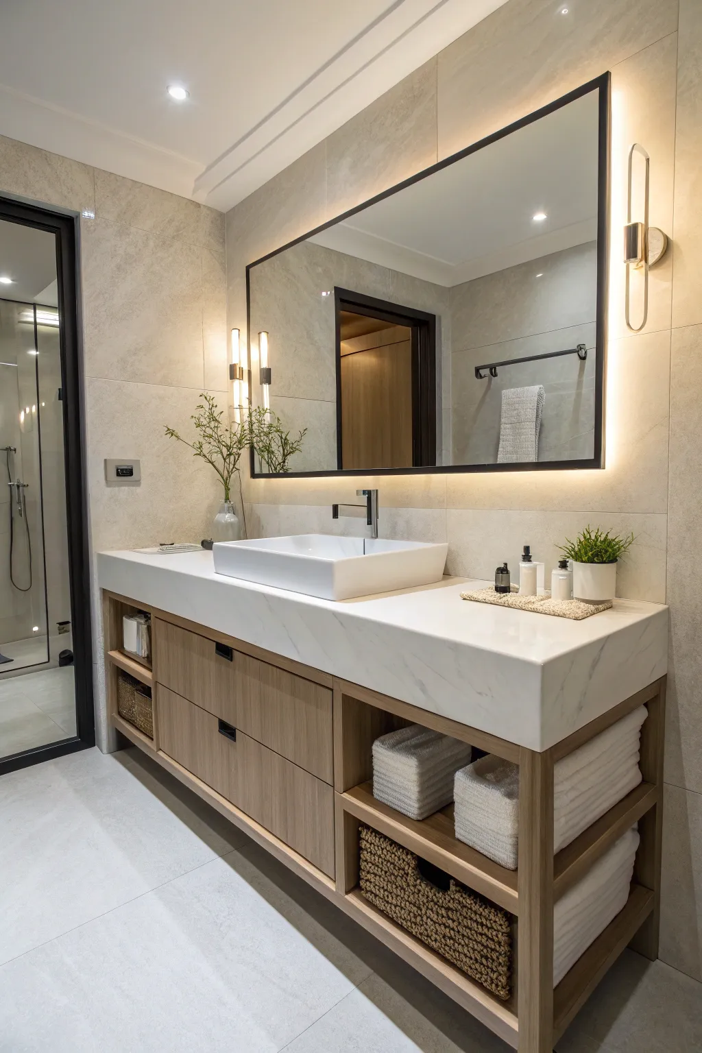 Sleek and modern bathroom vanity with integrated sink.