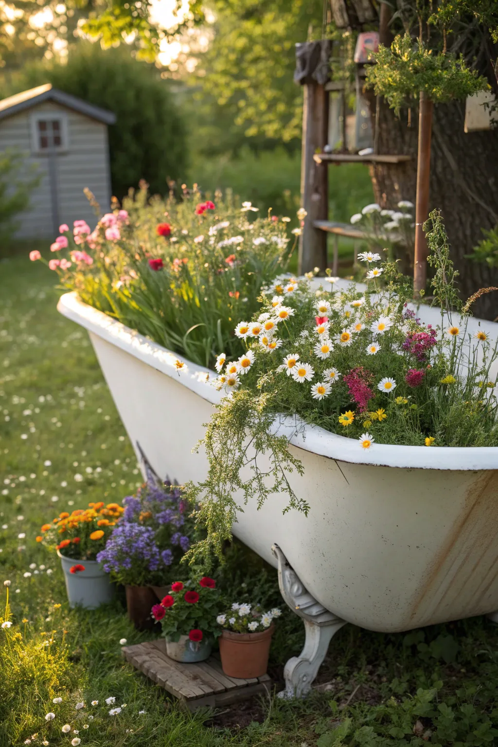 Transform your garden into a whimsical flower oasis with a vintage bathtub planter. Embrace the beauty of simplicity and nature.