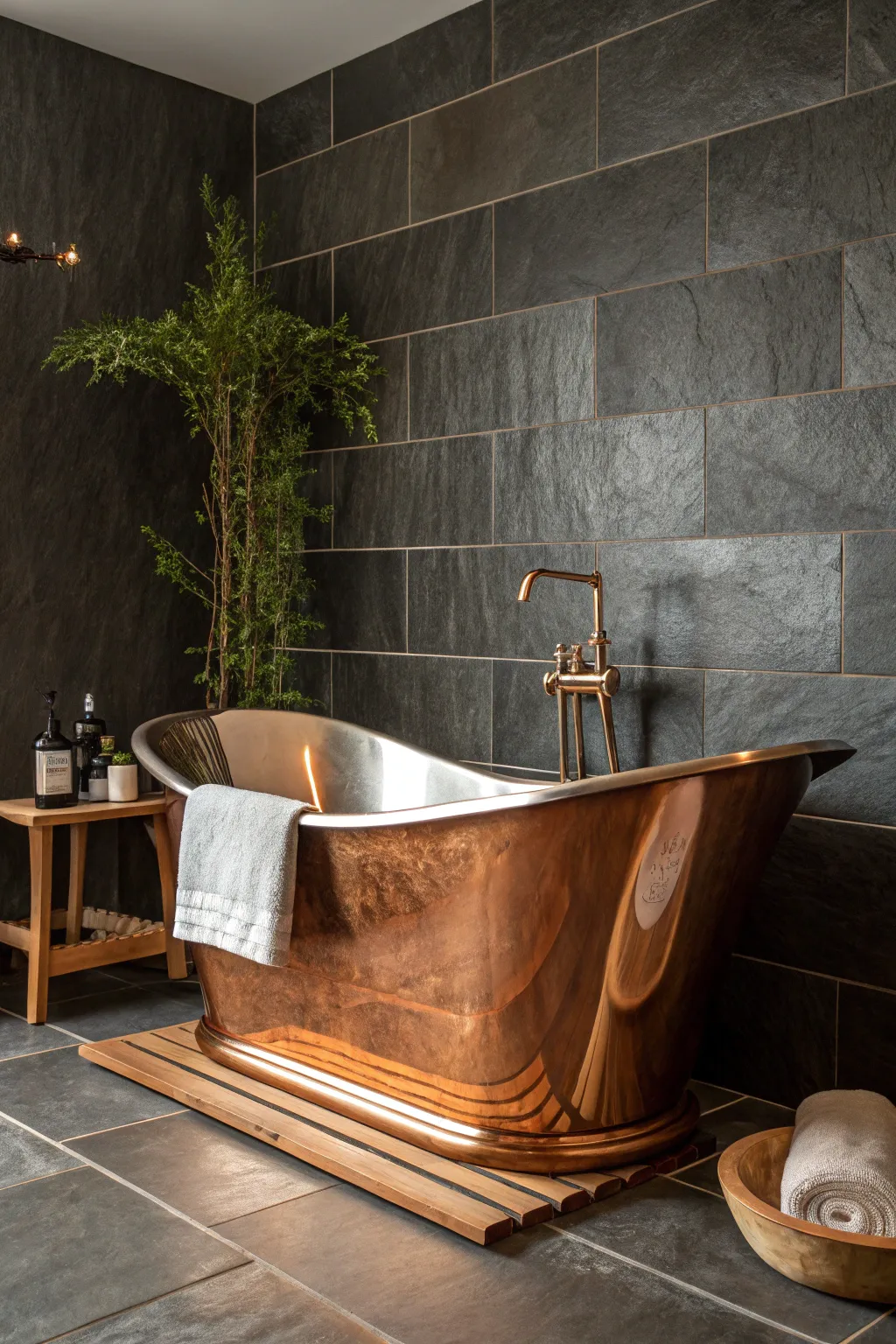 Elevate your bathroom with the timeless elegance of a freestanding copper tub.