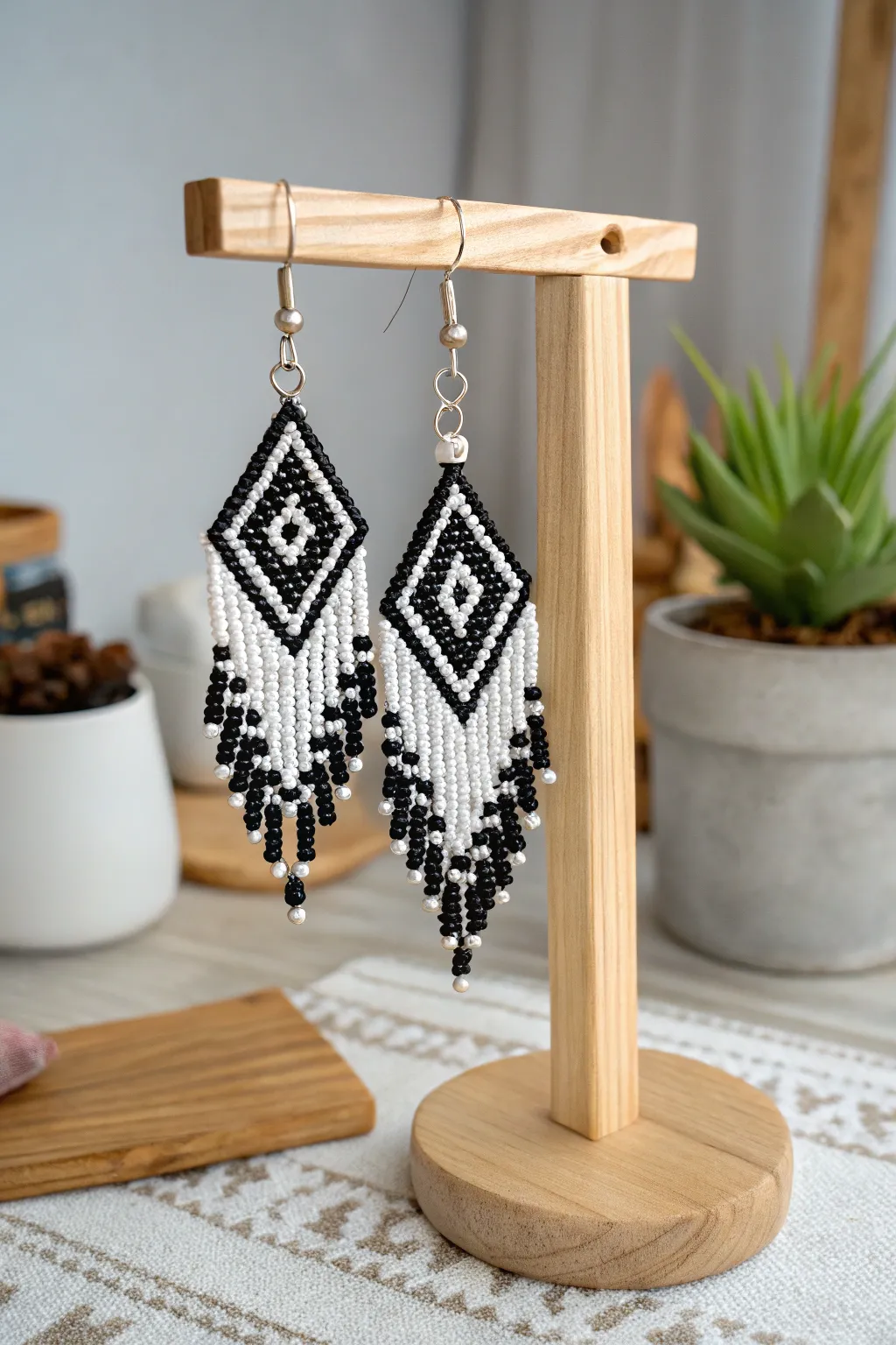 Embrace the modern charm of geometric patterns with these handcrafted beaded earrings—where simplicity meets bold design.
