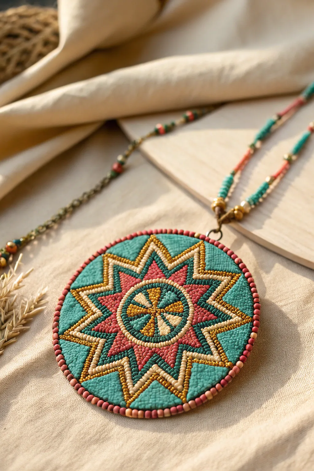 Discover the captivating allure of geometric elegance with this stunning beaded medallion, where artistry meets modern minimalism.