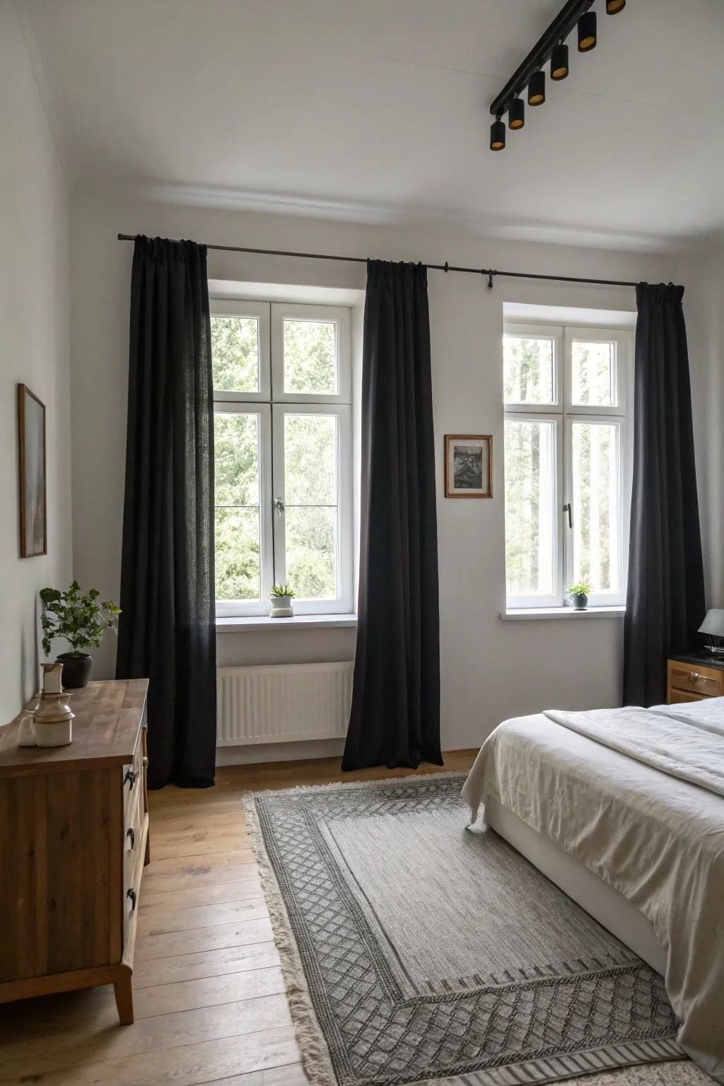 A modern minimalistic bedroom featuring black curtains for a sleek look.