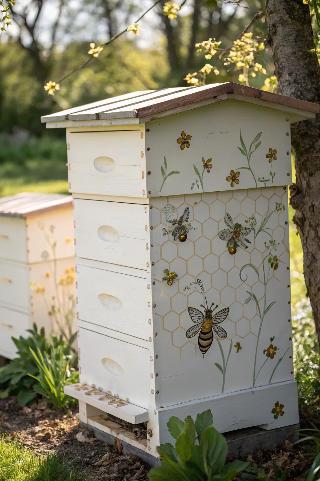 Embrace the buzz with a stunning blend of nature and artistry: a beehive adorned with honeycomb patterns and whimsical bees.