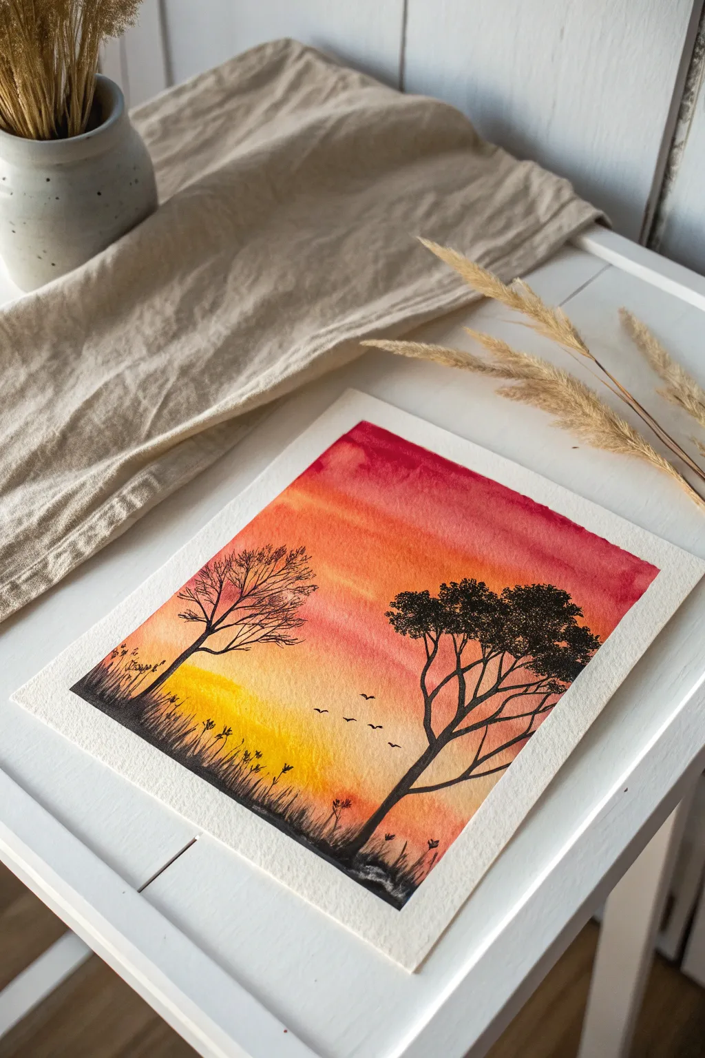 Embrace the beauty of simplicity with a minimalist sunset silhouette watercolor masterpiece.