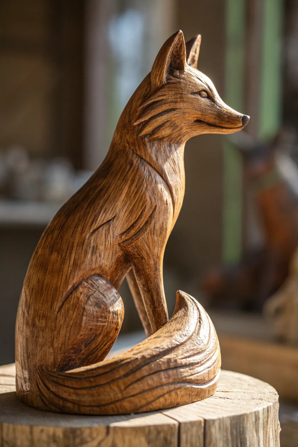Embrace the art of wood carving with this charming wooden fox, a testament to beginner craftsmanship.