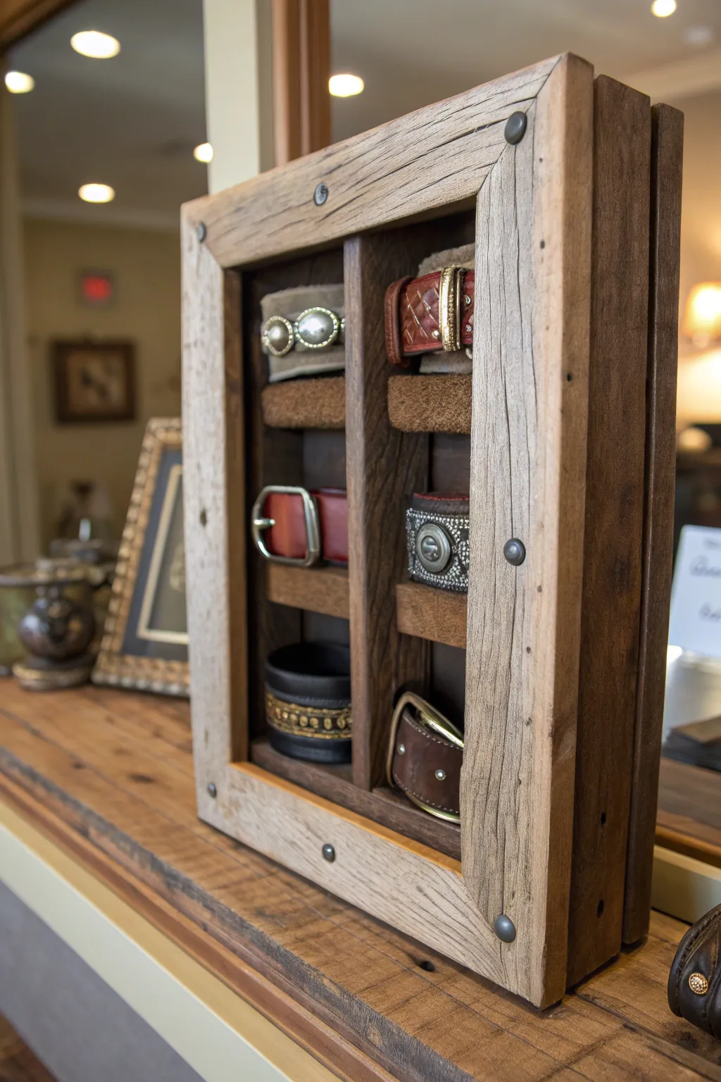 Elevate your collection with timeless charm: Rustic wooden frame display for your prized belt buckles.