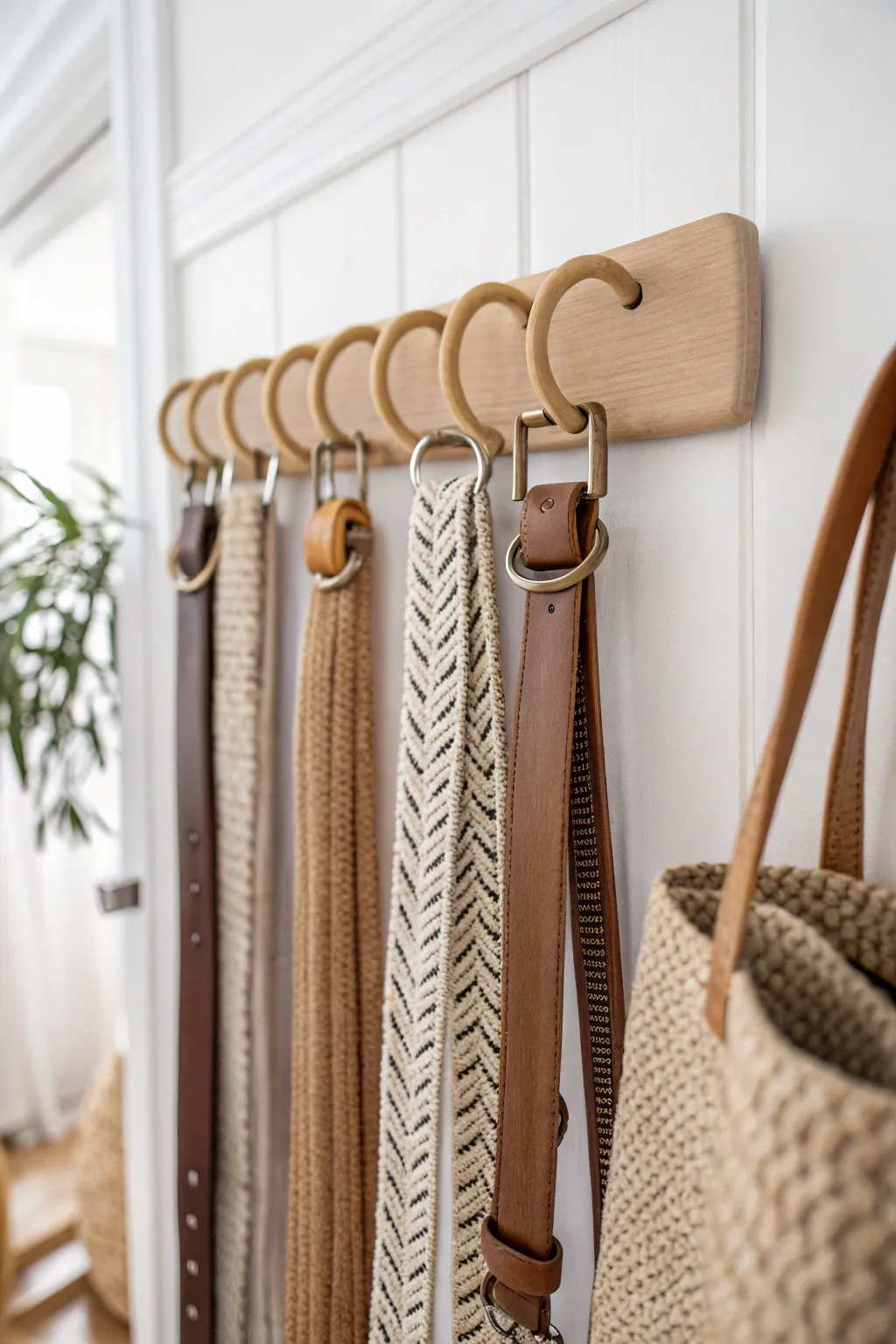 Transform your closet with stylish wall hooks for a chic and organized belt display. 🌿✨