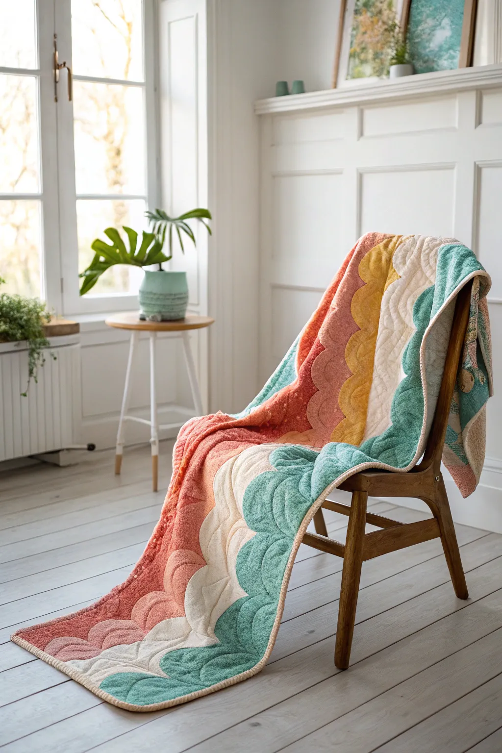 Add a splash of color with this vibrant jelly roll quilt, perfect for brightening up any minimalist space.