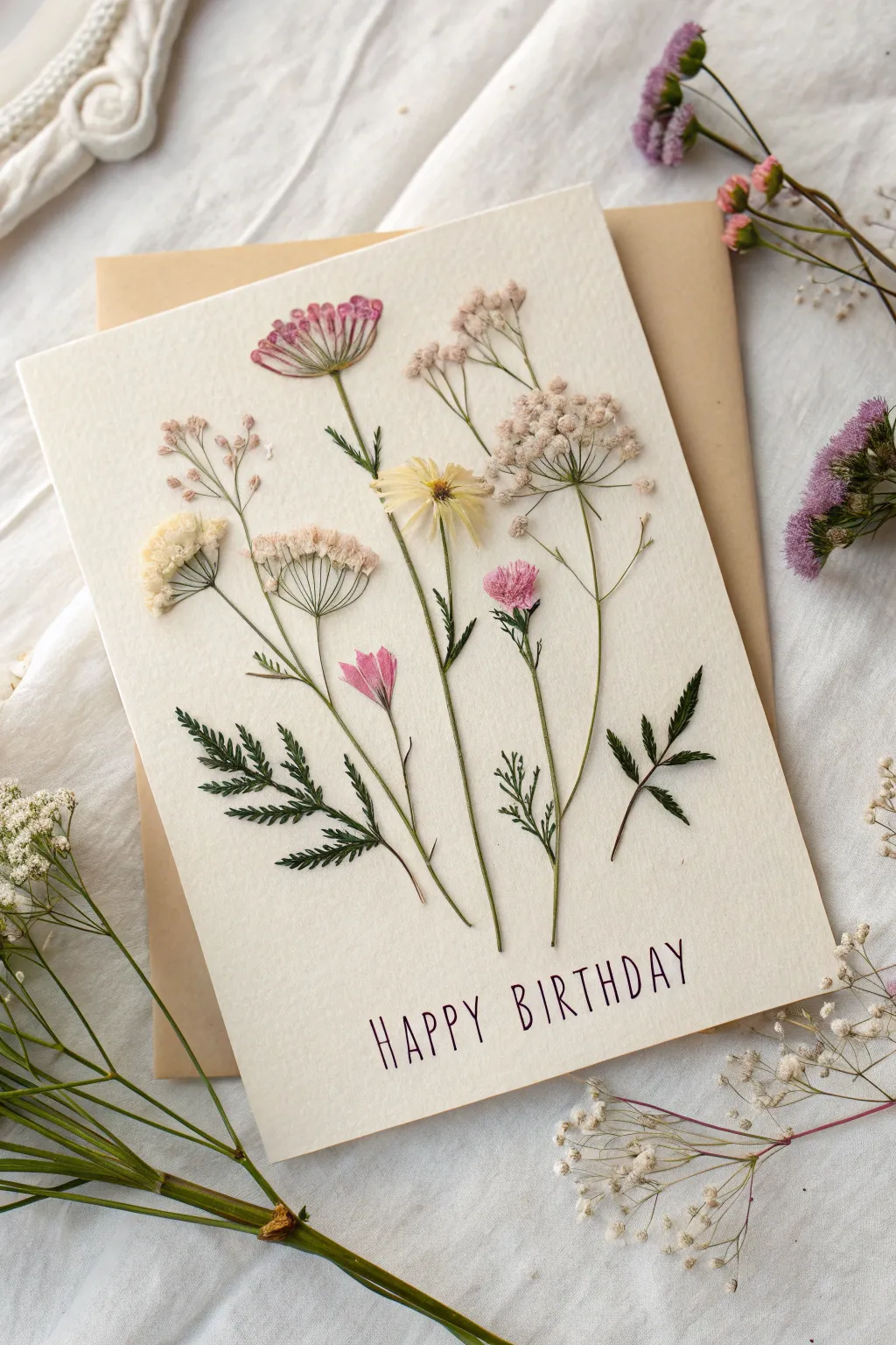 Capture the natural elegance of pressed flowers for a birthday card that speaks from the heart.